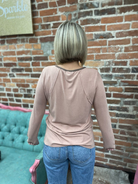 Rose Snow Washed Color Block Roll Tab Sleeve Rib Top The Sparkly Pig Tops