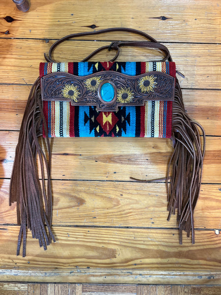 Saddle Blanket Bag with Aztec Design, Sunflower Tooling and Turquoise Pendant The Sparkly Pig purses
