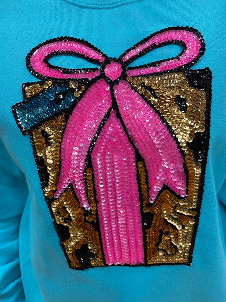 Sequin Present Pink Bow on Jerzees Scuba Fleece Sweatshirt The Sparkly Pig Tops