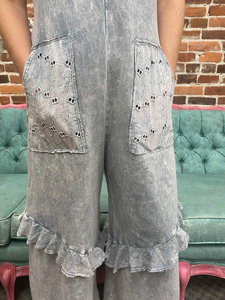 Silver Grey Mineral Wash Jumpsuit W/ Eyelet Pockets & Ruffle The Sparkly Pig jumpsuits