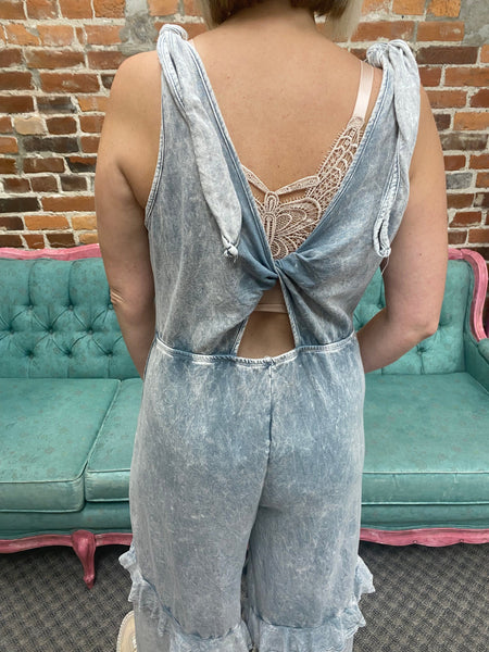 Silver Grey Mineral Wash Jumpsuit W/ Eyelet Pockets & Ruffle The Sparkly Pig jumpsuits