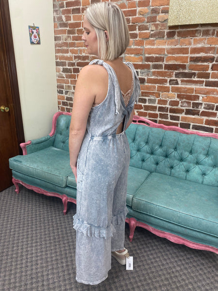 Silver Grey Mineral Wash Jumpsuit W/ Eyelet Pockets & Ruffle The Sparkly Pig jumpsuits