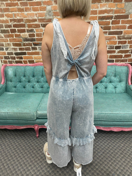 Silver Grey Mineral Wash Jumpsuit W/ Eyelet Pockets & Ruffle The Sparkly Pig jumpsuits