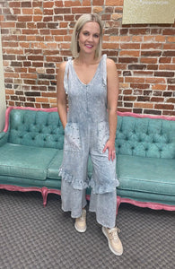 Silver Grey Mineral Wash Jumpsuit W/ Eyelet Pockets & Ruffle The Sparkly Pig jumpsuits