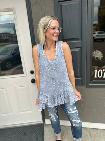 Stone Blue Mineral Wash Ruffle Peplum Sleeveless Top The Sparkly Pig Tops