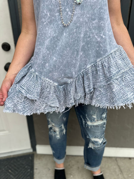 Stone Blue Mineral Wash Ruffle Peplum Sleeveless Top The Sparkly Pig Tops