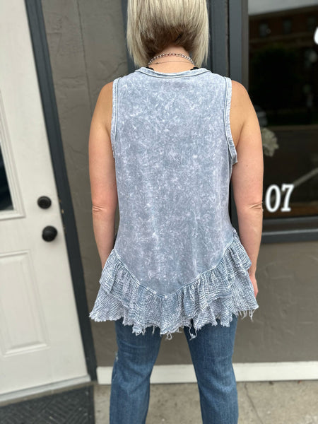 Stone Blue Mineral Wash Ruffle Peplum Sleeveless Top The Sparkly Pig Tops