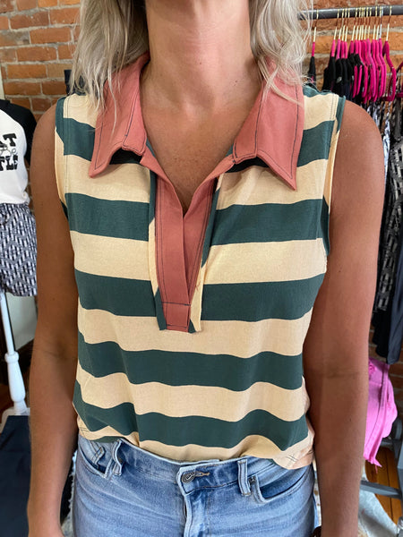 Stripe Mixed Print Collared Tank Hunter Green/Peach The Sparkly Pig Tops