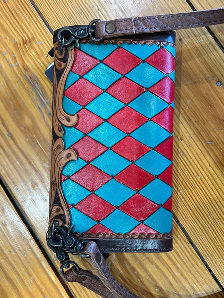 Tooled Leather w/ Red & Turquoise Triangle Design Crossbody Wallet The Sparkly Pig purses