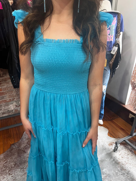 Turquoise Shirred Bodice Sleeveless Mesh Tiered Dress The Sparkly Pig Dresses