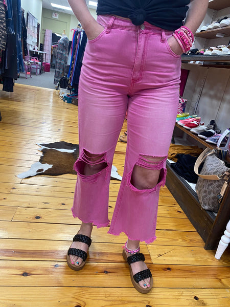 Washed Distressed Knee & Hem Cropped Pants Hot Pink The Sparkly Pig