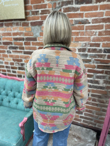 Western Aztec Print Button Flap Pocket Shacket The Sparkly Pig Jackets