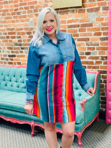 Rodeo Grounds Dress-blue jean with serape print The Sparkly Pig Dresses