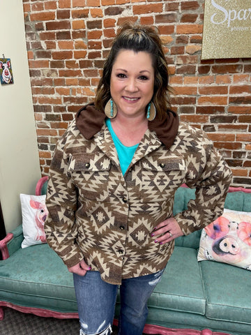 Taupe/Mocha Aztec Pattern Shacket w/ Attachable Fleece Hood The Sparkly Pig shackets