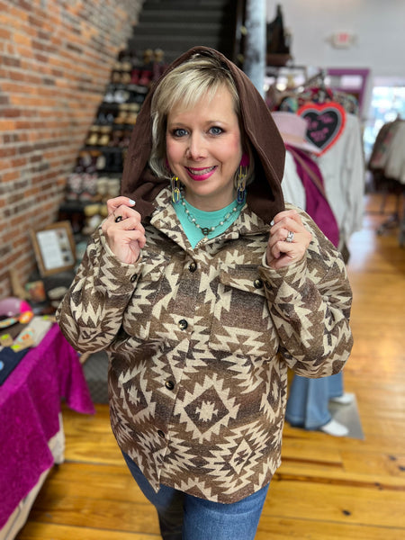Taupe/Mocha Aztec Pattern Shacket w/ Attachable Fleece Hood The Sparkly Pig shackets