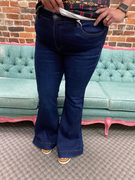 Wistful Stretch High Rise Super Flare w/ Trouser Hem Jeans Plus Size The Sparkly Pig Jeans
